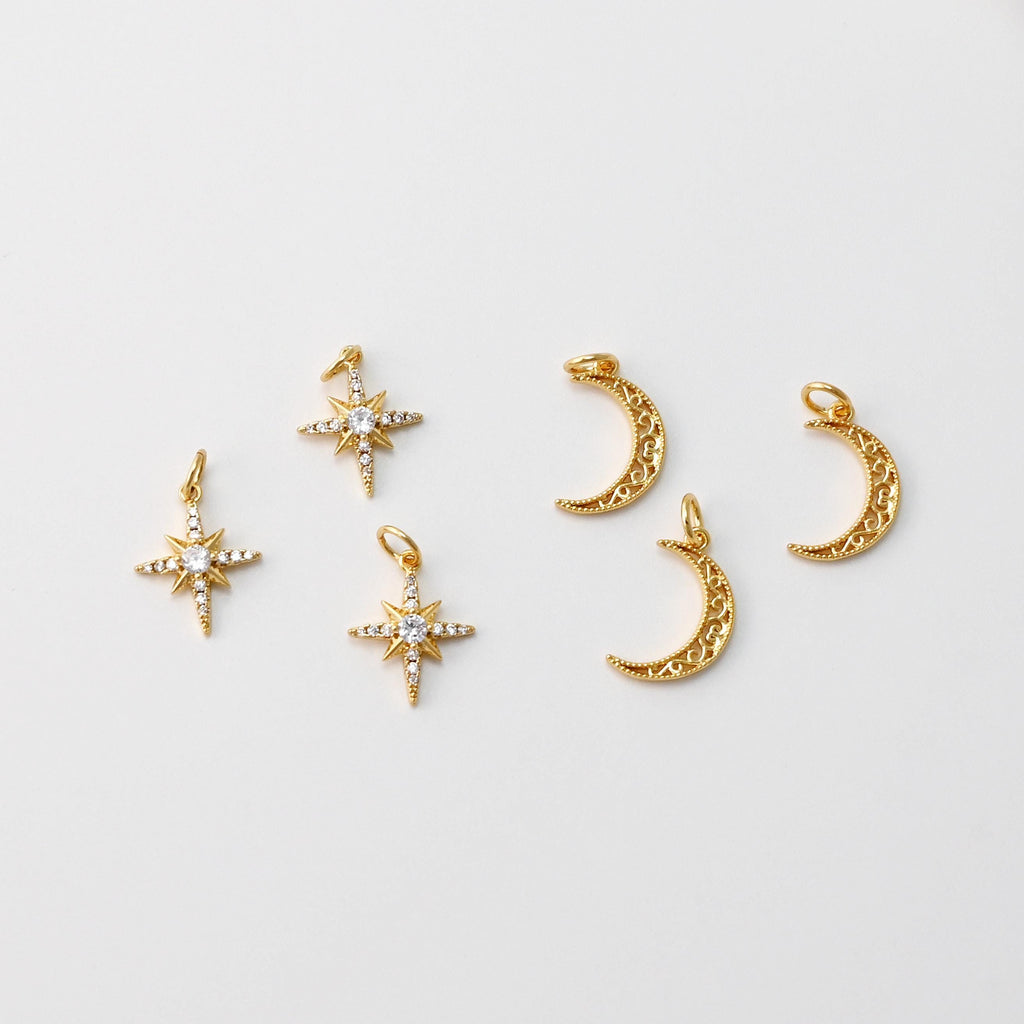 Moon and Star Charms, CZ Pave Star Pendant, North Star Charm, 18K Gold Plated, Necklace charms, Jewelry Findings S706