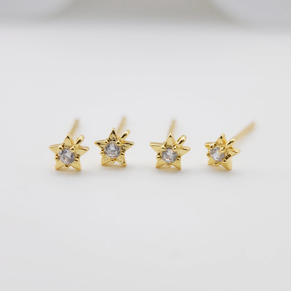 10PCS Tiny Ear Post with Loops, Nickel Free, Micro Star CZ Pave, 4mm, 18K Gold Plated Stud Earring Finding S266