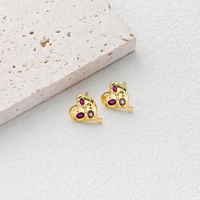 قرط على شكل قلب مطروق مع حلقة، مطلي بالذهب عيار 18 قيراطًا، مرصع بأحجار الزركونيا المكعبة، دبابيس فضية S925 خالية من النيكل، أقراط على شكل قلب D0460