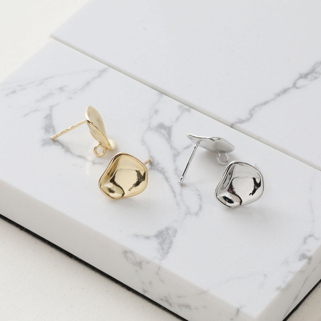 Hammered Irregular Earring Post, S925 Silver Pin, CZ Pave, Nickel Free Earrings, Irregular Shape Ear Stud with Loop JJ026-CX012