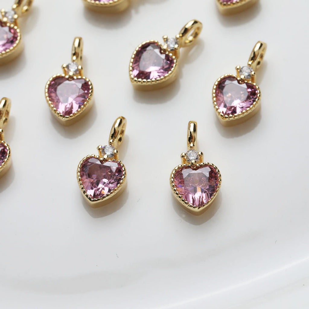 Dijes de corazón de oro, pavé de circonitas arcoíris, chapado en oro de 14 quilates, colgante de amor, colgantes para hacer collares, accesorios de joyería GZ401