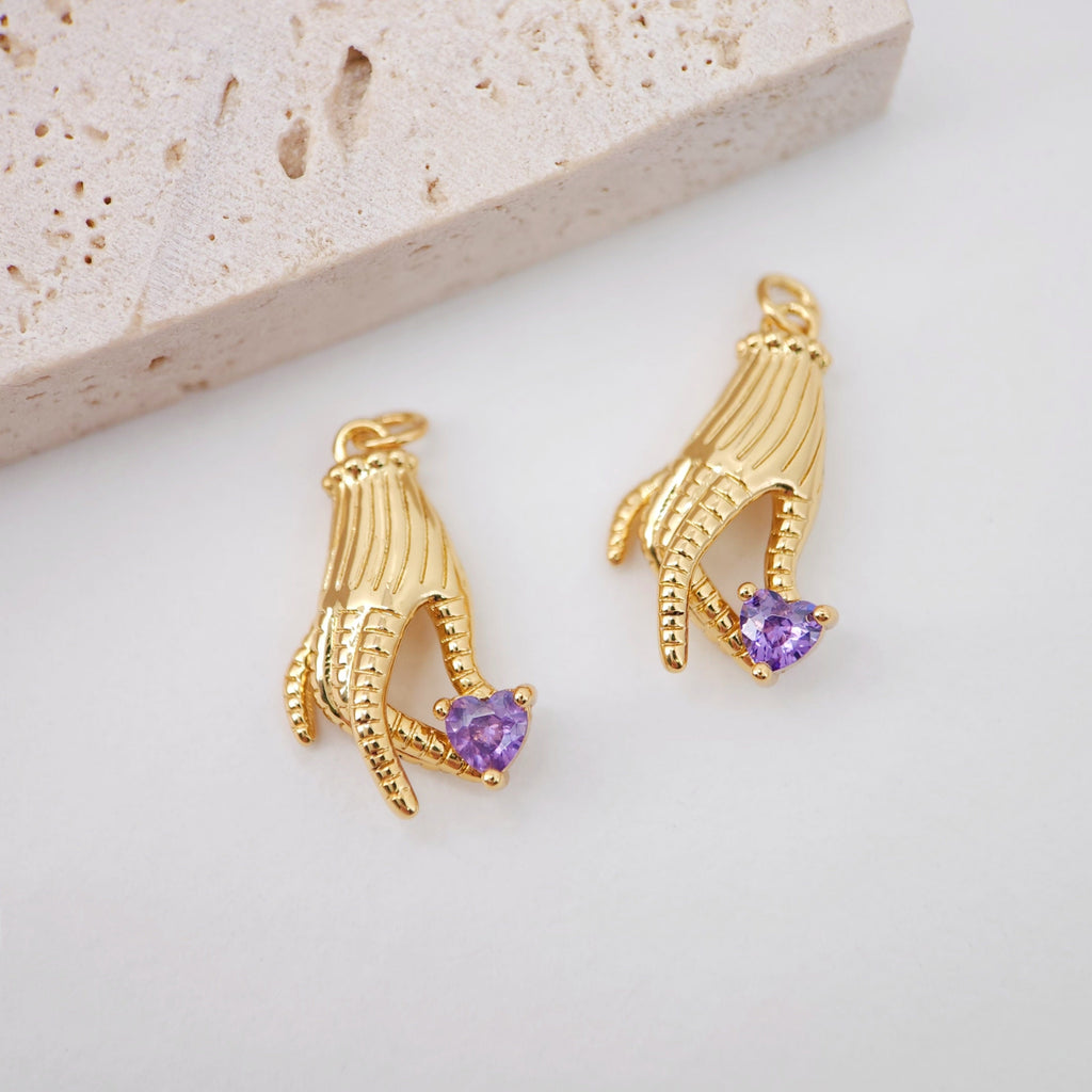 Hand Charm, Heart Shape Connector, 18K Gold Plated CZ Pave Pendant, Neckalce Bracelet Making Pendant, Jewelry Supply Finding S20254