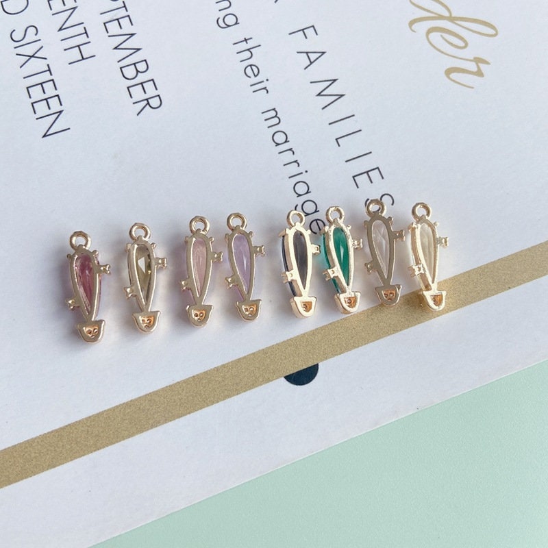 10pcs- Crystal Long Cactus Teardrop Charms, 8 colors You Choose, 14K Gold Plated Teardrop Pendant, Jewelry Findings MY049-F069