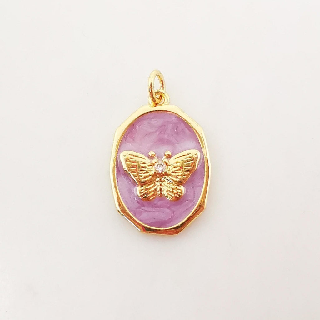 Oval Shape Butterfly Charm, 18K Gold Plated Purple Enamel Butterfly Pendant, 12x18mm, Necklace Making Charm, Jewelry Findings S1075