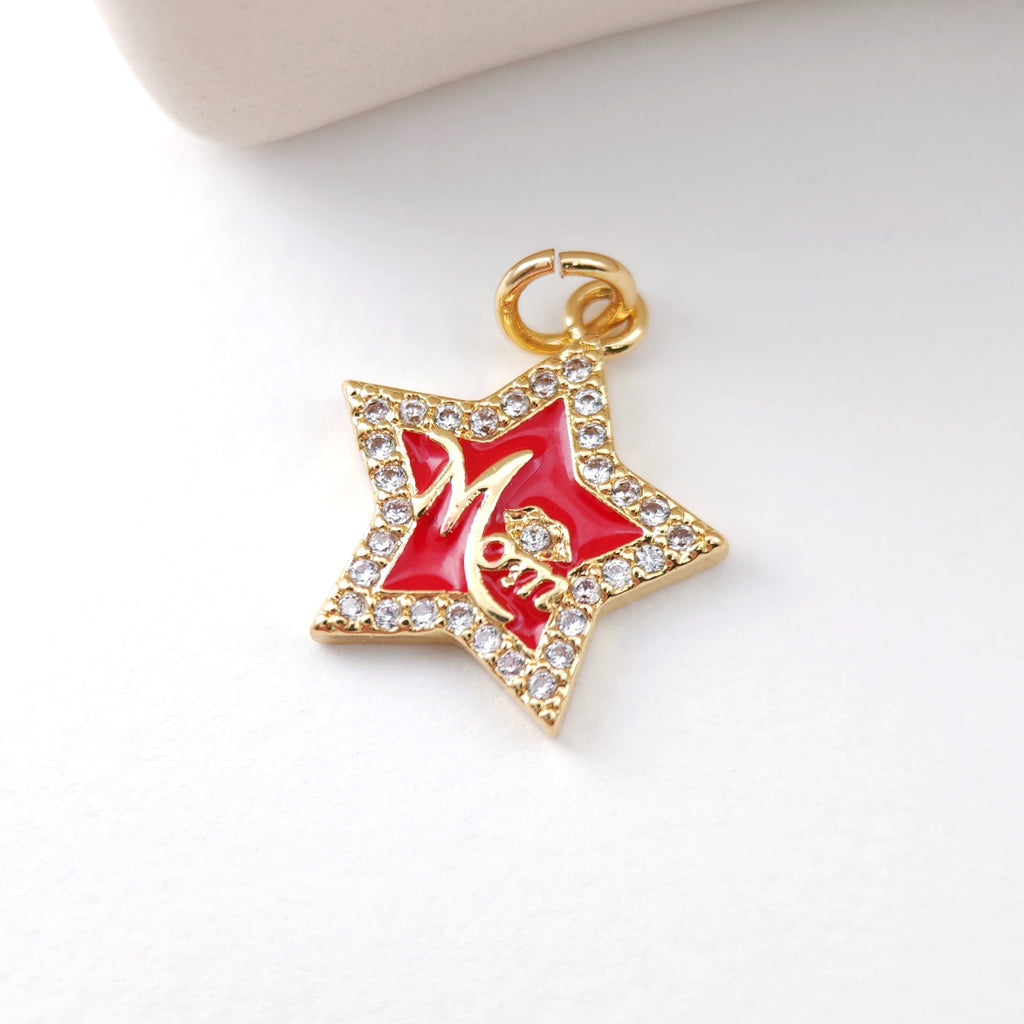 Cubic Star Mom Charm, 18K Gold Plated Micro CZ Pave Star Pendant, Necklace Making Findings, Jewelry Finding Gift for Mom S1126