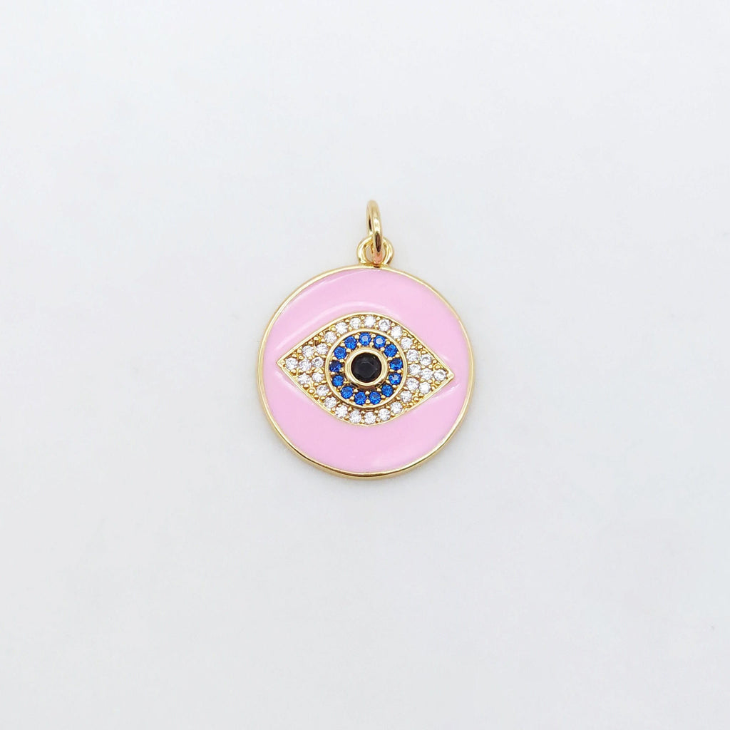 Enamel Cubic Evil Eye Charm, 18K Gold Plated Micro CZ Pave Round Pendant, 19mm, Necklace Making Charm, Jewelry Findings S20505