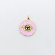 Load image into Gallery viewer, Enamel Cubic Evil Eye Charm, 18K Gold Plated Micro CZ Pave Round Pendant, 19mm, Necklace Making Charm, Jewelry Findings S20505