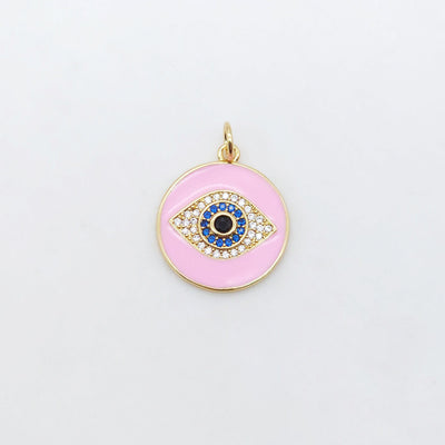 Enamel Cubic Evil Eye Charm, 18K Gold Plated Micro CZ Pave Round Pendant, 19mm, Necklace Making Charm, Jewelry Findings S20505