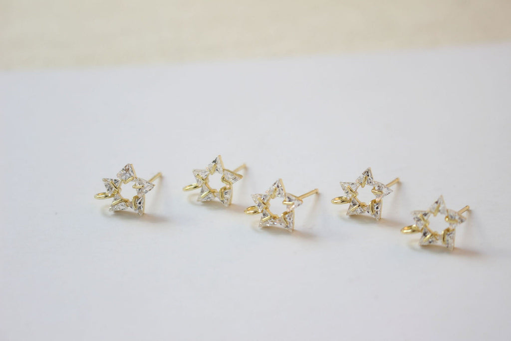 Rectangular Ear Post With Loop, Star, CZ Stone, S925 Silver Ear Pin Nickel Free, Gold Ear Stud, Hypoallergenic Earring Findings GZ179