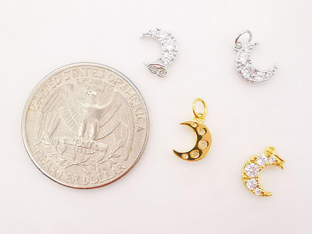 Tiny Cubic Crescent Moon Charm, 18K Gold Plated Moon Pendant, Clear Micro CZ Pave Horn Charms, 8x7mm, Jewelry Findings S772