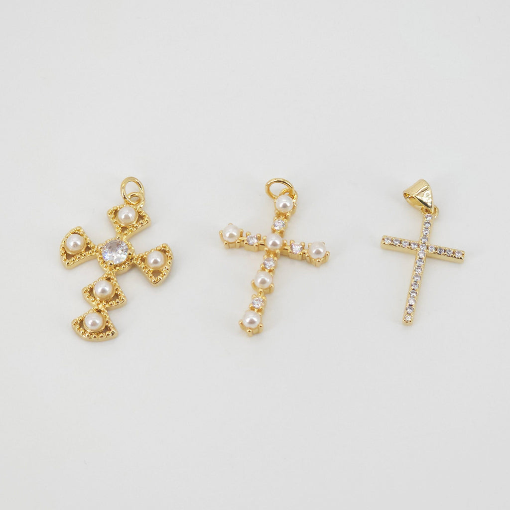 Cross Charms, CZ Pave Cross Pendant, Multiple Cross Styles, 18K Gold Plated Brass, Necklace Making Charms, Jewelry Findings S20736