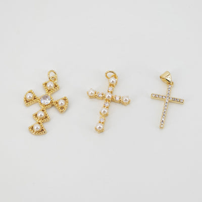 Cross Charms, CZ Pave Cross Pendant, Multiple Cross Styles, 18K Gold Plated Brass, Necklace Making Charms, Jewelry Findings S20736