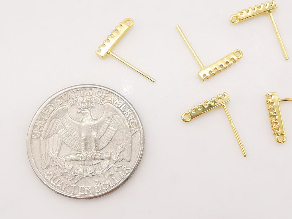10PCS Rectangle Ear Post with Loops, Nickel Free, Micro CZ Pave, 11x2mm, 18K Gold Plated Stud Earring Finding S271