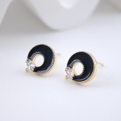 Black Enamel Earring Posts, Round Cutout Post Earrings  with Loop, S925 Silver Pin, Handmade Earring Finding, DIY Earring Supplies ZX234