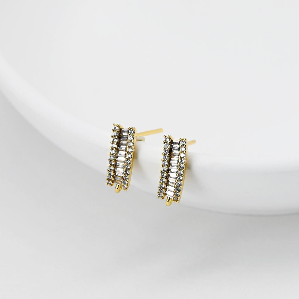 C Shape Ear Post, Nickel Free, CZ Pave, 13*4.8mm, S925 silver pin, 18K Gold Plated Stud Earring Finding D0443