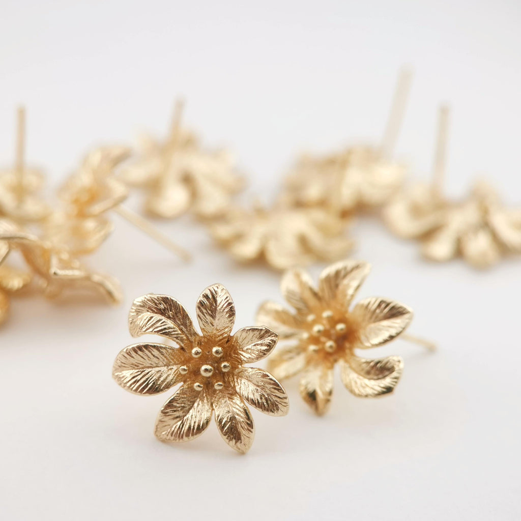 4PCS Flower Earring Post, 18K Real Gold Plated Brass Stud Earring With Loop, Nickel Free, Earring Finding ZX005