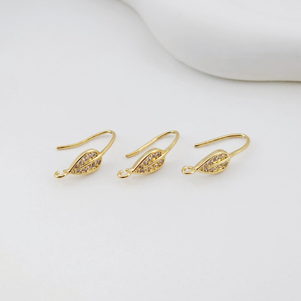 18K Gold Plated Ear Wires, Learf Cubic Pave Earring Hooks, Nickel Free, Fish Hooks, Ear Wires for Jewelry Making D0132