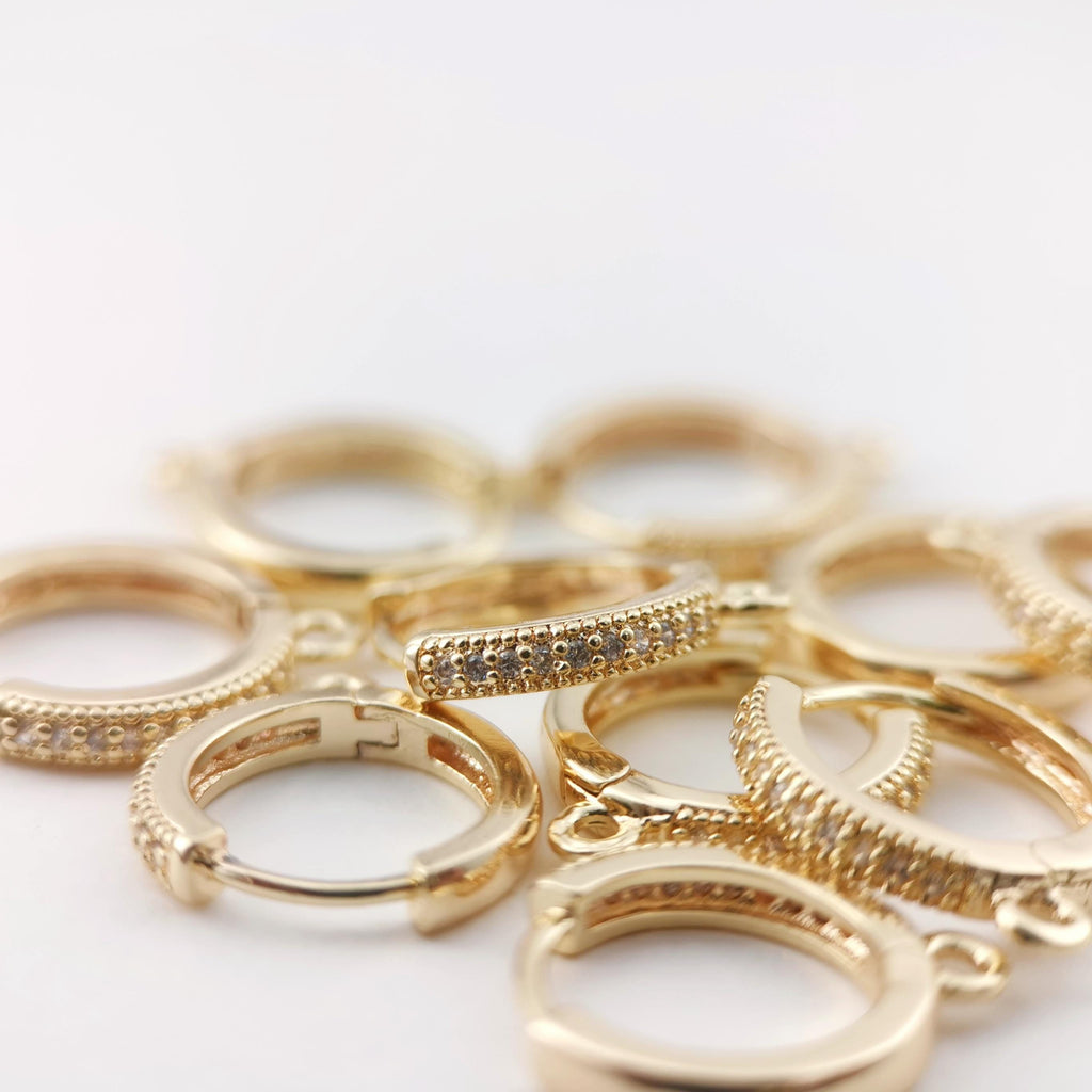 10PCS Cubic Pave Ear Hoops, 15mm 14K Gold Plated Leverback Earrings, Huggie Hoops Earring Finding with Loops Z061