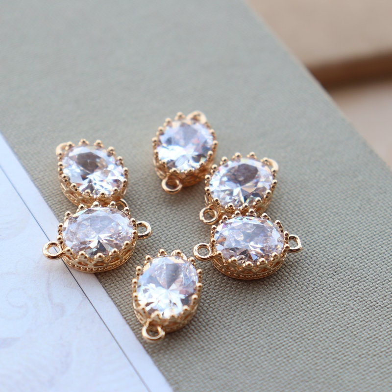 10 dijes ovalados con pavé de circonita cúbica, colgante de cristal de circonita cúbica, colgante para pulsera y collar, chapado en oro auténtico de 14 quilates, accesorios de joyería JY070-F154