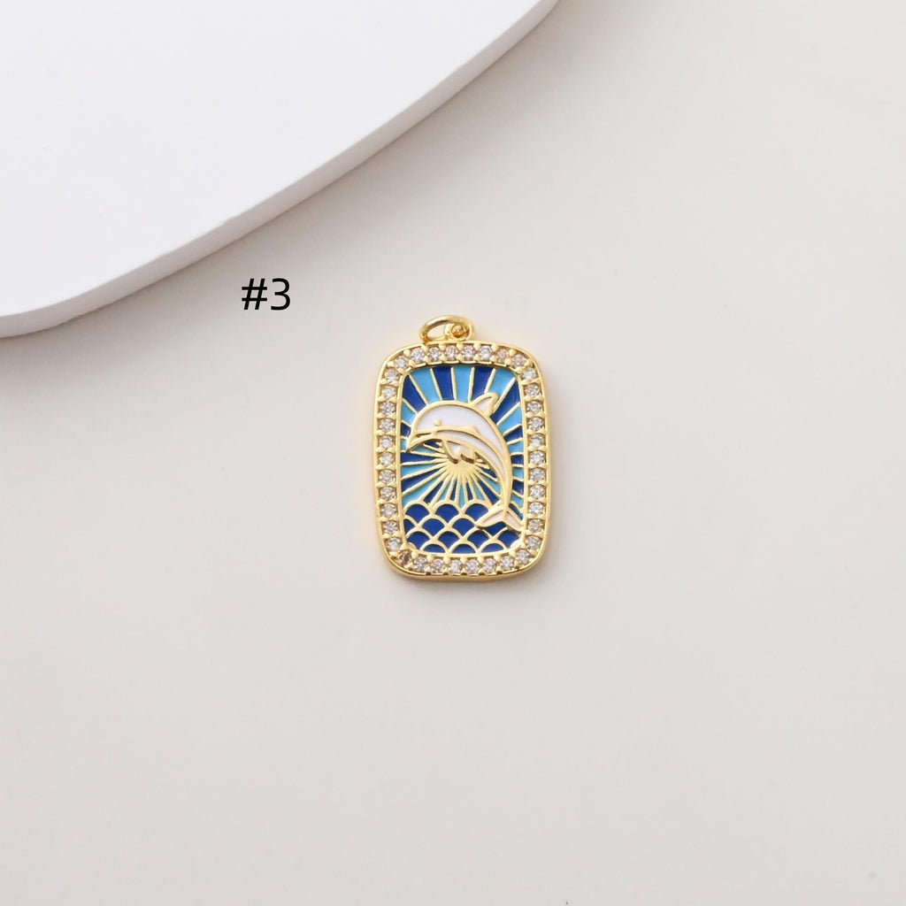 Rectangular Card Charm, Enamel Pendant, 18K Gold Plated, CZ Pave Pendant, Marine Life Pendant, Necklace Making Charm, Jewelry Findings S1388