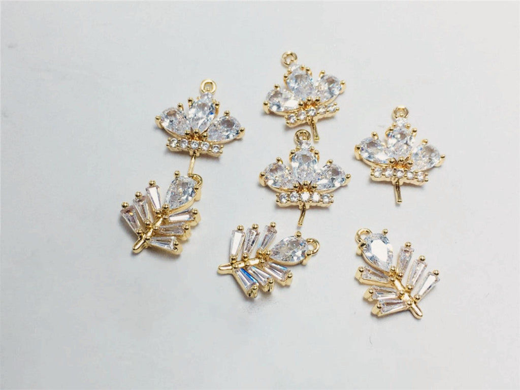 Leaf Charm, Cubic Zircon Crystal Flower Pendant, CZ Earring Charms,  Real Gold Plated Brass Earring Charms, Jewelry Findings STG024-F174