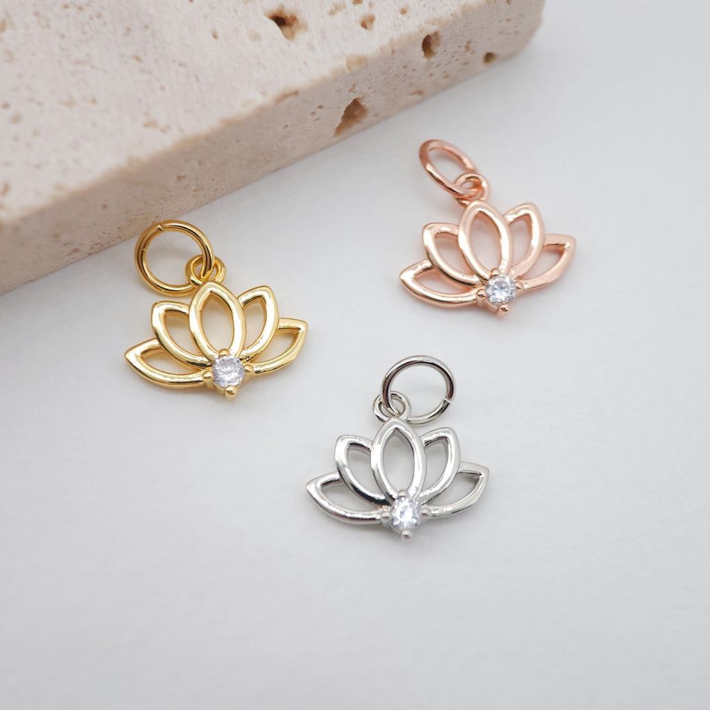 2PCS Lotus Flower Charms, 18K Gold Plated Cubic Pave Charms, Plant Pendant, Necklace Earring Making Charms, 11x13mm, Jewelry Findings S744