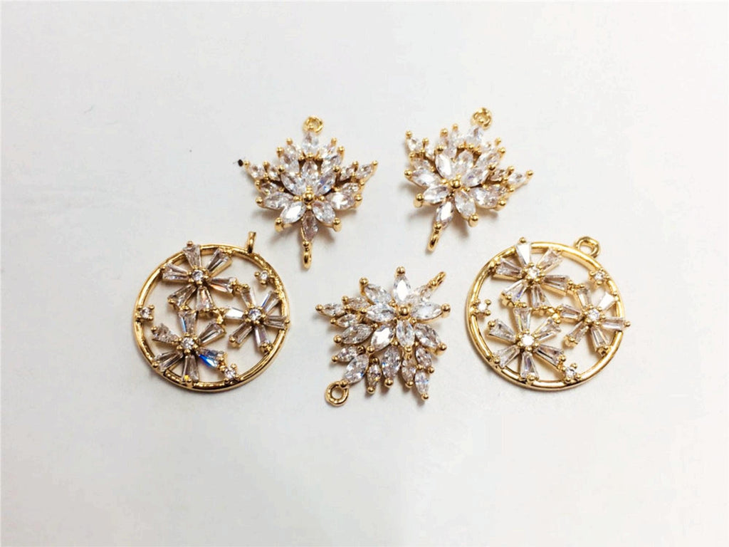 Dije de flor, colgante de flor de cristal de circonita cúbica, dijes para pendientes de circonita cúbica, dijes para pendientes de latón chapado en oro auténtico, accesorios de joyería STG021-F207
