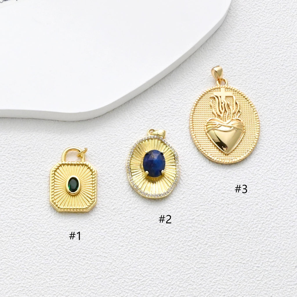 Pleated Square Pendant, Oval Pendant, Cross Heart Charms, Pave CZ, 18K Gold Plated, For Necklace Making, Jewelry Findings S1355