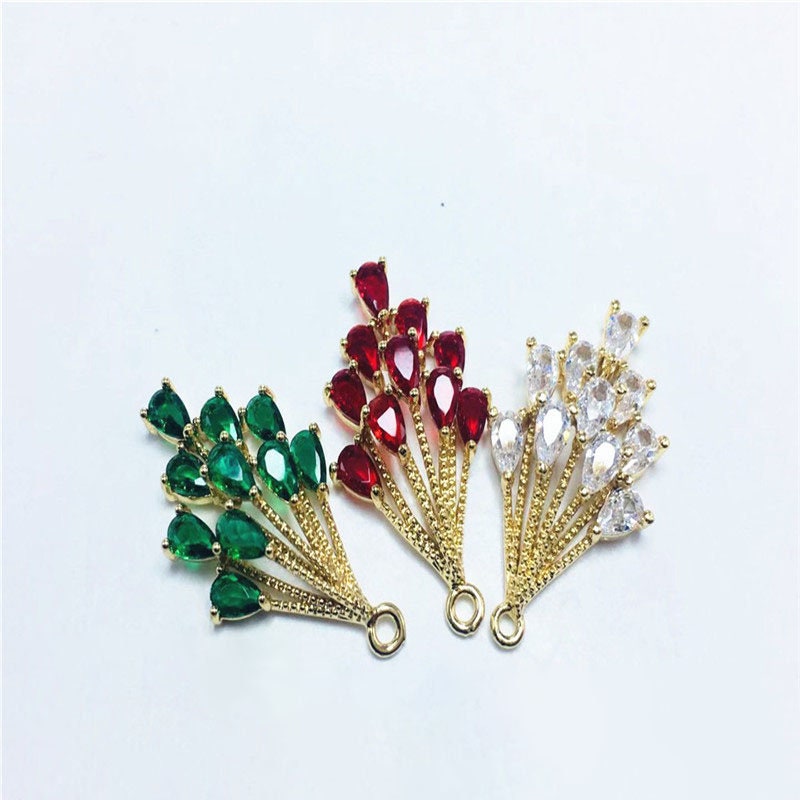 CZ Pave Leaf Charm, Cubic Zircon Crystal Leaf Pendant, CZ Earring Charms,  Real Gold Plated  Earring Charms, Jewelry Findings ZR007-F044