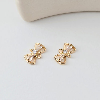 10pcs CZ Pave Bow Tie Connector, Cubic Pendant, Earring Connectors, Real Gold Plated Brass Earring Charms, Jewelry Findings D0294
