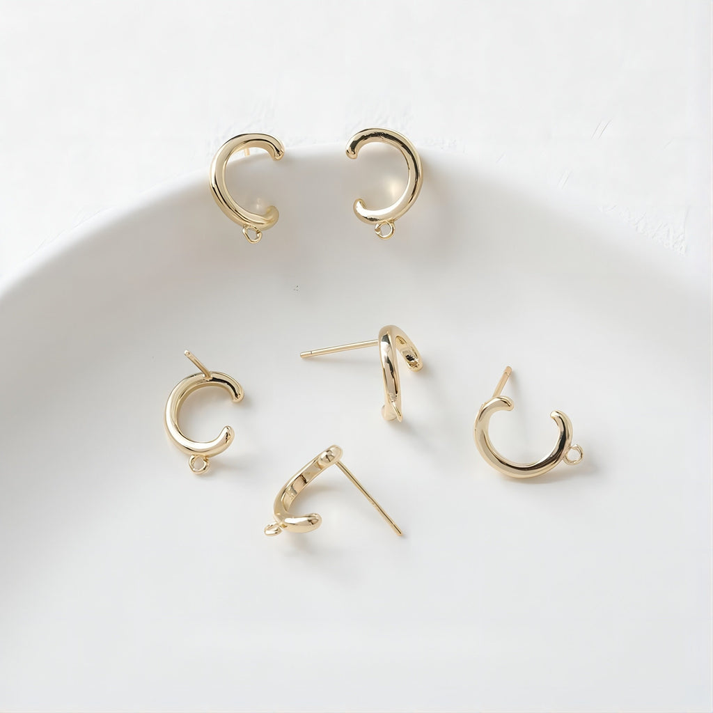 C Shape Earrings Post With Loop, 14K Gold, S925 Silver Ear Pin Nickel Free Earrings, Ear Stud Loop, Hypoallergenic Earring Findings GE049