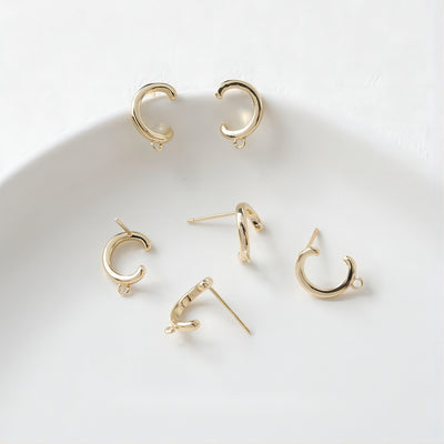 C Shape Earrings Post With Loop, 14K Gold, S925 Silver Ear Pin Nickel Free Earrings, Ear Stud Loop, Hypoallergenic Earring Findings GE049
