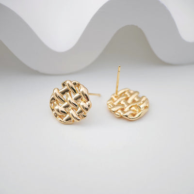 Woven Round Earring Post, 14K Gold Plated, S925 Silver Pin, Nickel Free Earrings, Irregular Shape Ear Stud with Loop ZX180