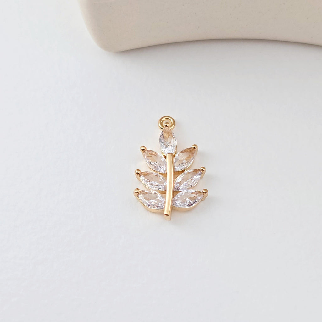 Leaf Charm, Cubic Zircon Crystal Leaf Pendant, CZ Earring Charms,  Real Gold Plated Brass Earring Charms, Jewelry Findings D0305