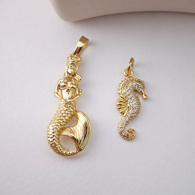Seahorse Charms, Mermaid Pendant, 18K Gold Plated Cubic Micro CZ Pave Charms, Seahorse Pendant for Necklace Jewelry Findings S1218