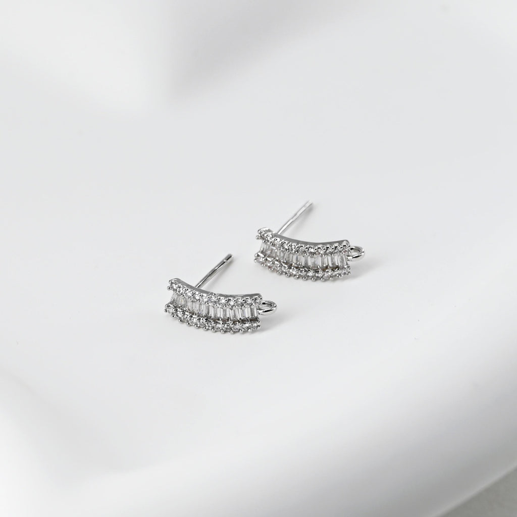 C Shape Ear Post, Nickel Free, CZ Pave, 13*4.8mm, S925 silver pin, 18K Gold Plated Stud Earring Finding D0443