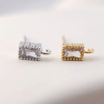 Rectangular CZ Earring Post With Loop, S925 Silver Pin Nickel Free Post, 18K gold Plated, Hypoallergenic Earring Findings S1181