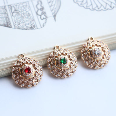 5pcs CZ Pave Boho Round Charm, Cubic Zircon Crystal Pendant, Bracelet Necklace Pendant, 14K Real Gold Plated, Jewelry Findings JY057-F211