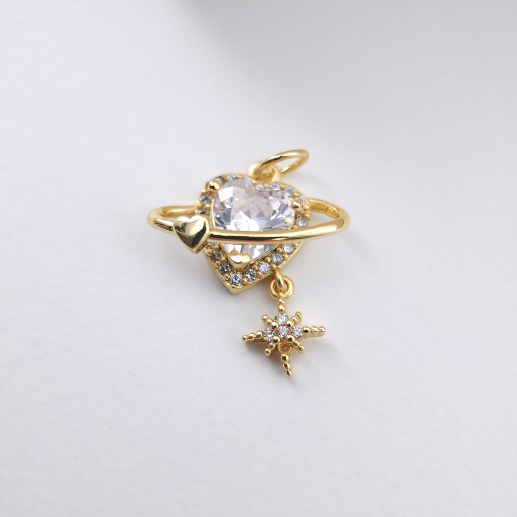 Heart Planet Charms, Cubic Pave Planet Pendant, 18K Gold Plated, Necklace Making Charms, Jewelry Findings S1164