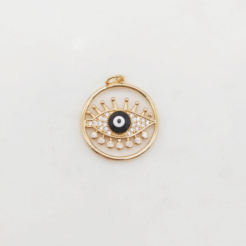 Cubic Evil Eye Charm, 18K Gold Plated Micro CZ Pave Round Pendant, 20mm, Necklace Making Charm, Jewelry Findings S20377