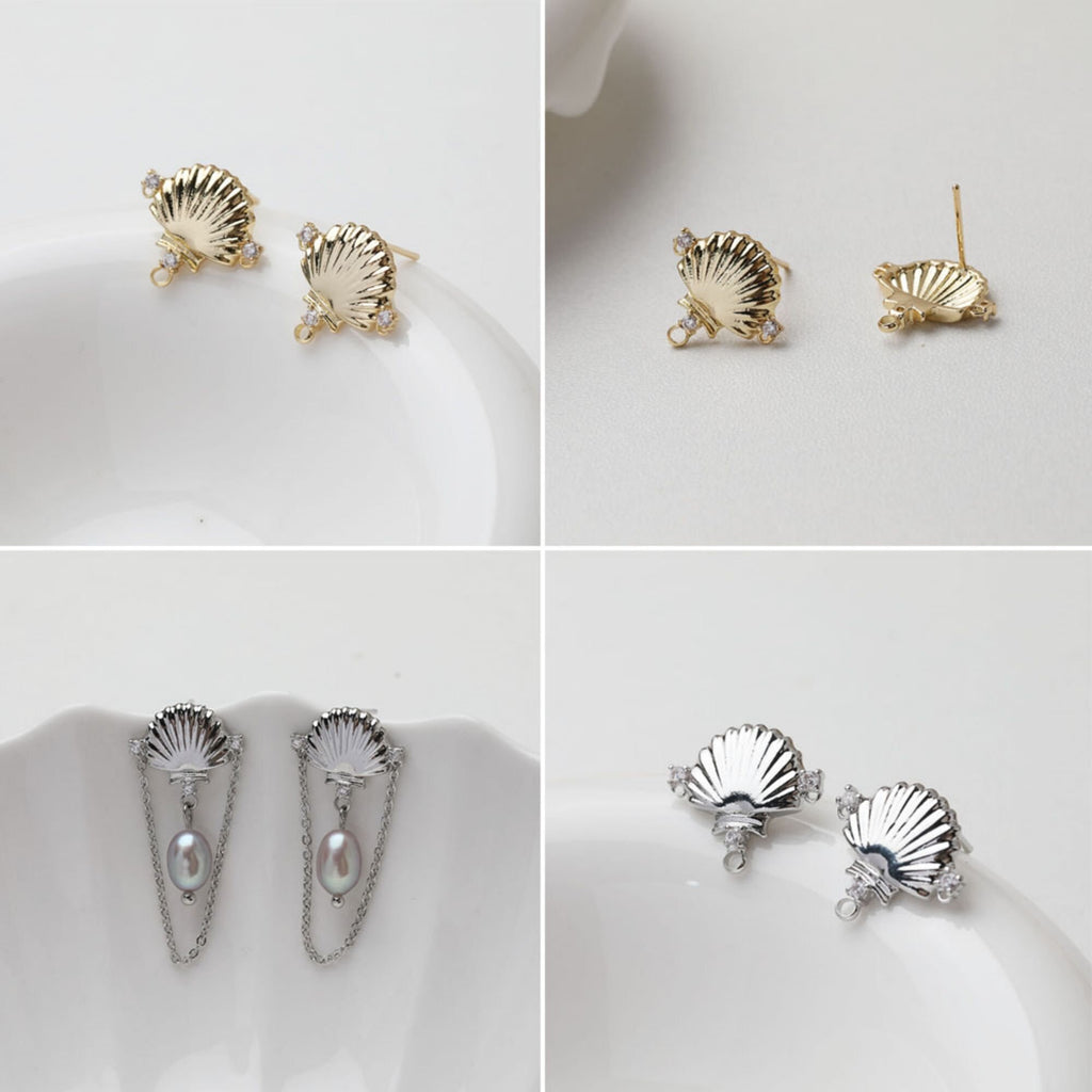Shell Pave Cubic Earring Post, Shell Post, Gold/Silver, S925 Silver Pin Nickel Free Earrings, Hypoallergenic Earring Findings GT054