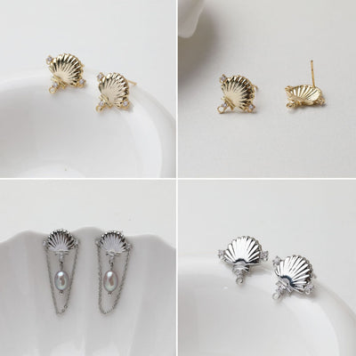 Shell Pave Cubic Earring Post, Shell Post, Gold/Silver, S925 Silver Pin Nickel Free Earrings, Hypoallergenic Earring Findings GT054