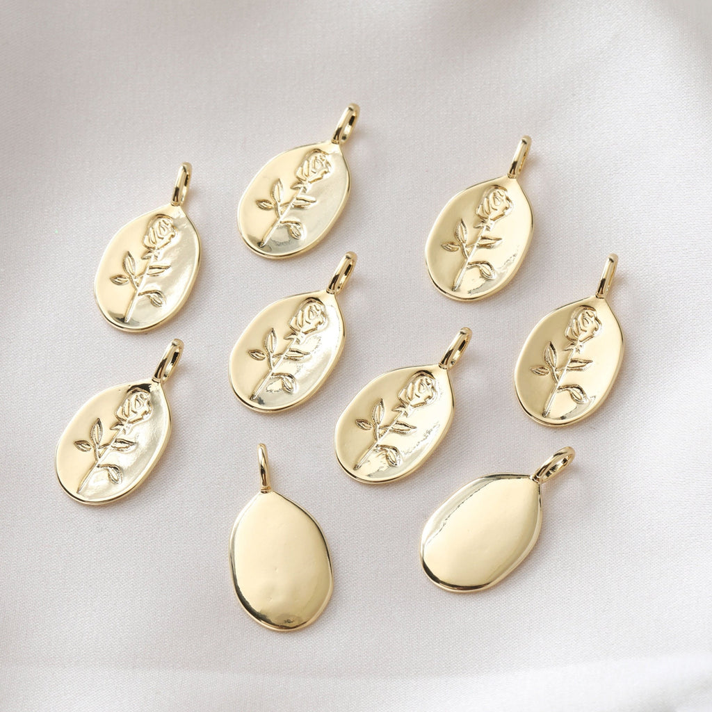 Rose Charm On Oval Shape, 18K Gold/Silver Plated, Flower Pendant, Necklace Earring Making Charms, 25mm, Jewelry Findings JH007