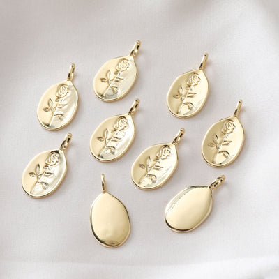 Rose Charm On Oval Shape, 18K Gold/Silver Plated, Flower Pendant, Necklace Earring Making Charms, 25mm, Jewelry Findings JH007