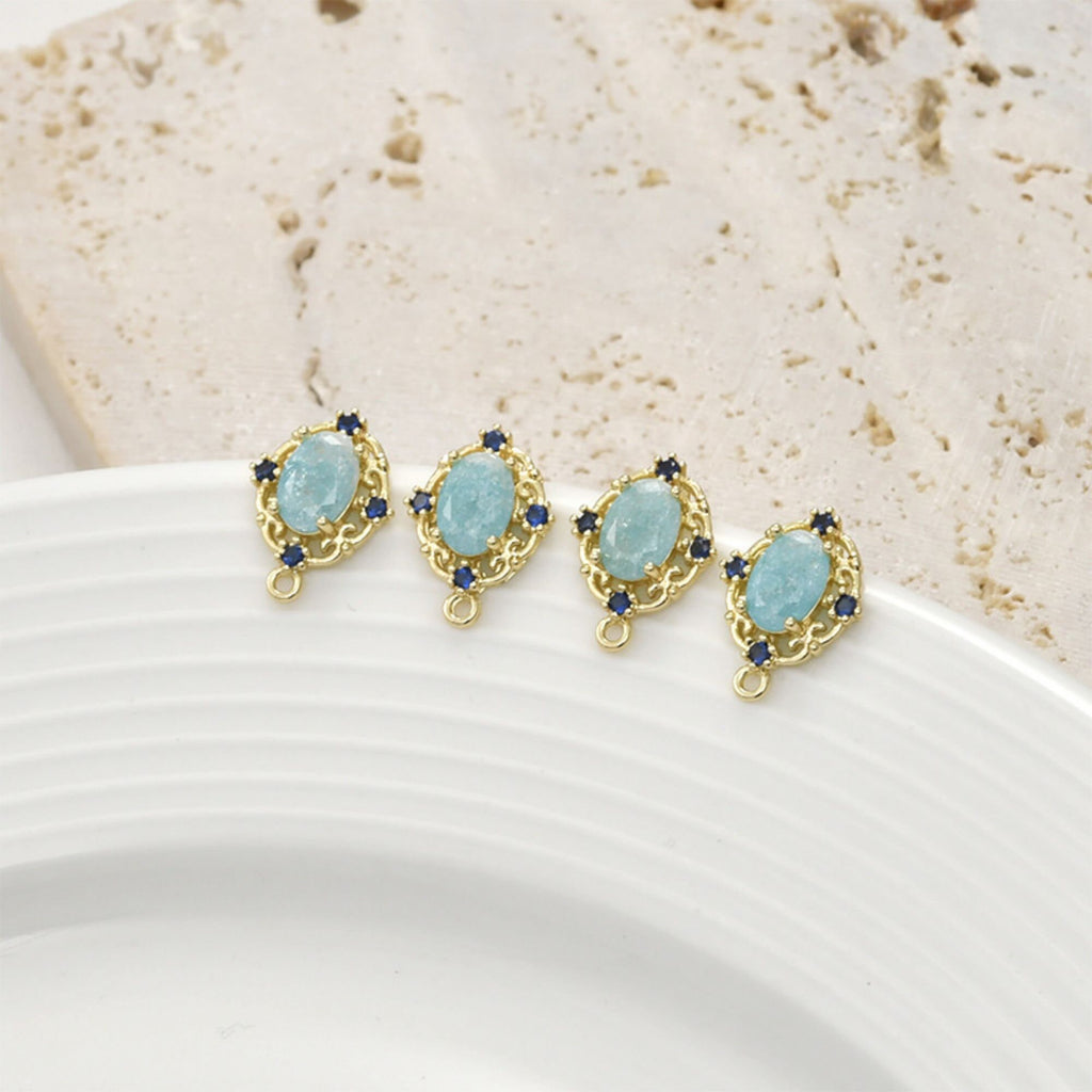 Vintage Oval Ear Post with Loops, Pave Aquamarine Cracked Stone, S925 Silver Ear Pin Nickel Free, 18K Gold Plated Stud Earring Finding LL195