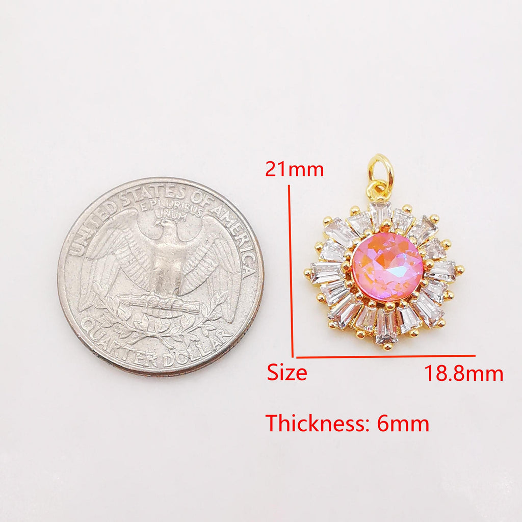 Sun Flower Charm, Multicolor Glass, 18K Gold Plated Cubic Pave Charm, Flower Pendant, Necklace Earring Making Charm, Jewelry Findings S1004