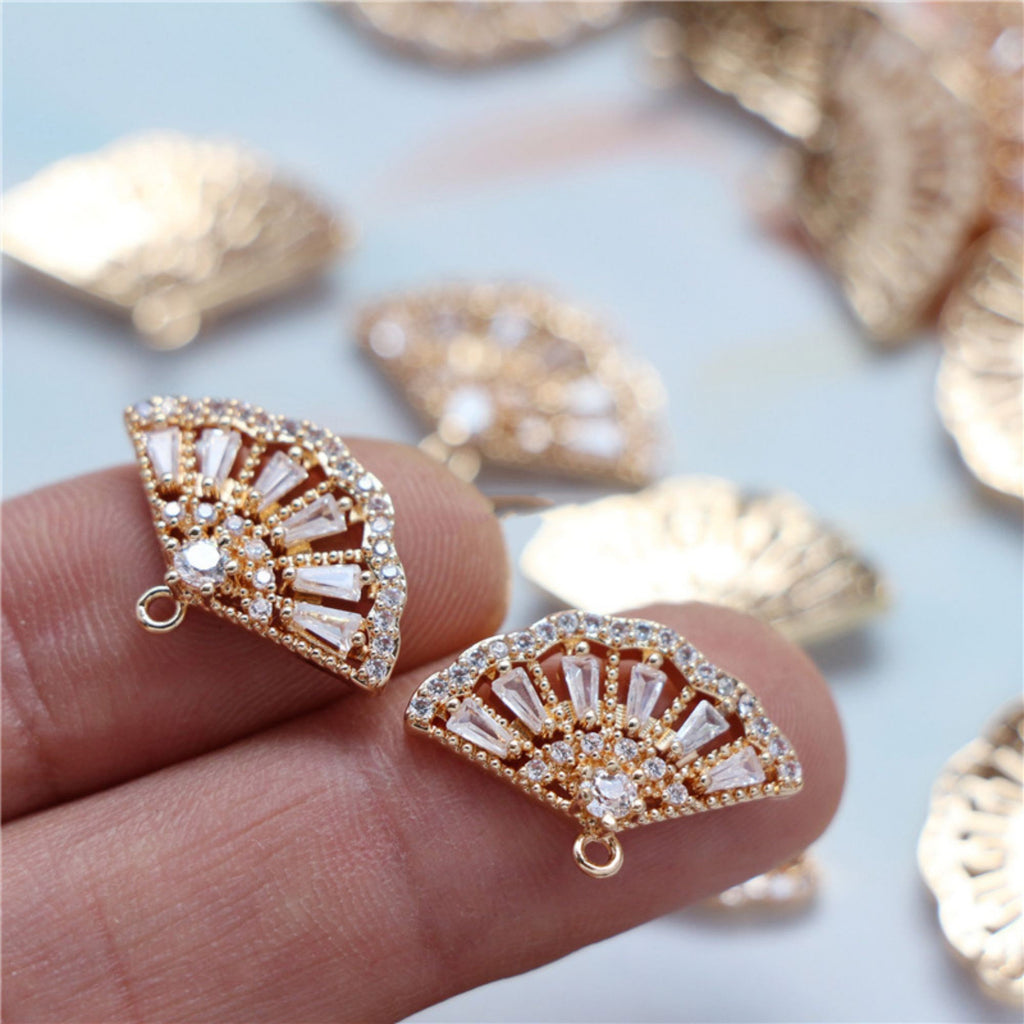 CZ Pave Fan Shape Charm, Cubic Zircon Crystal Fan Pendant, Bracelet Necklace Pendant, Gold Plated Charm, Jewelry Findings STG026-F113