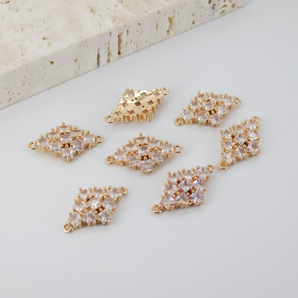 Dije de conector de rombo, colgante de cristal de circonita cúbica, dijes para pendientes de latón bañado en oro auténtico, accesorios de joyería CC024-F058