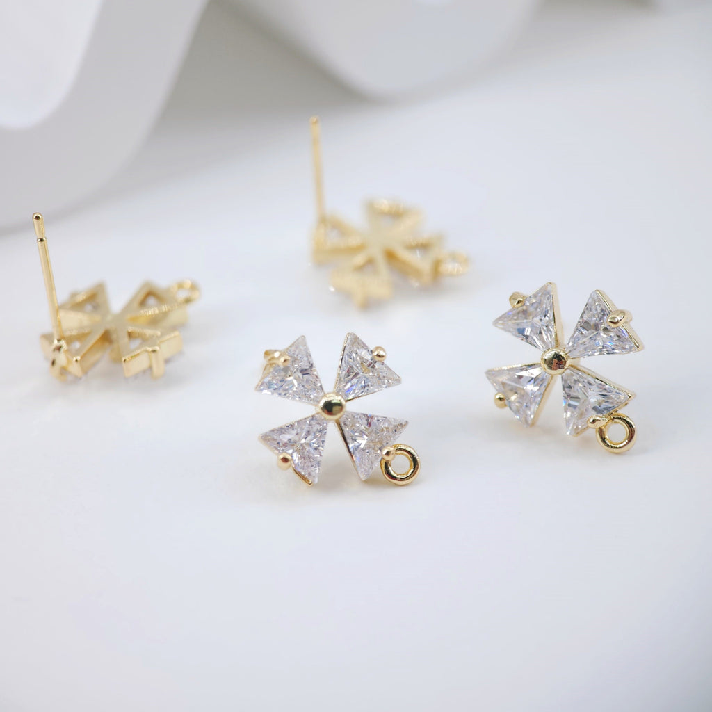 Cubic Zirconia Flower Post Earrings, Gold Plated Earring Post with Loop, Hypoallergenic, Handmade Earring Finding,DIY Earring Supplies D0035