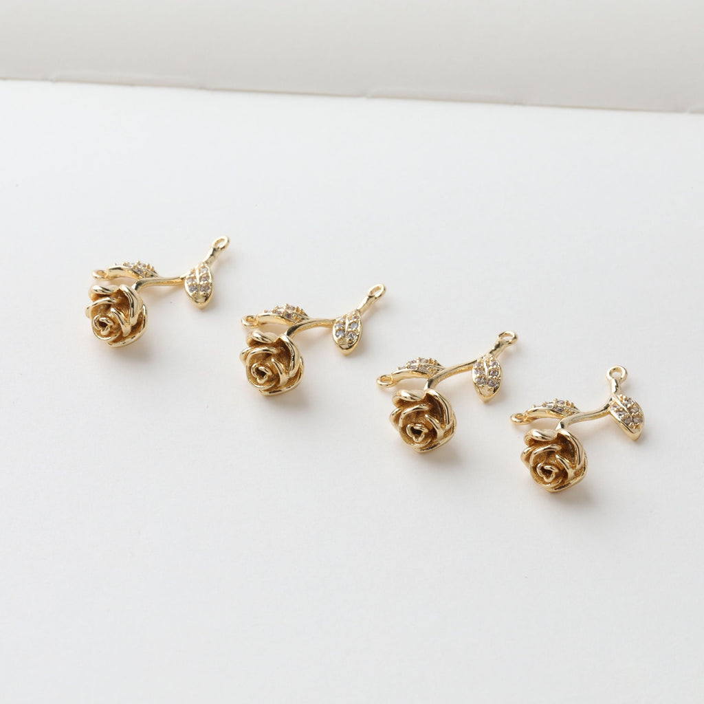 Gold Rose Flower Connector Charm with loops, CZ Pave Flower Charm Pendant for Bracelet Necklace Earring, Jewelry Findings JH029